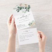 All Inclusive White Roses Floral Wedding RSVP  All In One Invitation (Tearaway)