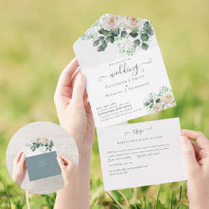 All Inclusive White Roses Floral Wedding RSVP  In One Invitation
