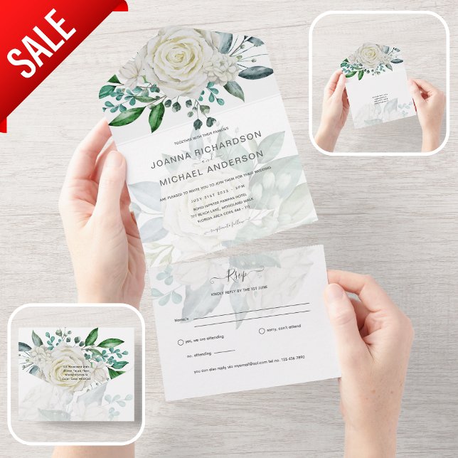 All Inclusive White Roses Wedding Floral RSVP In One Invitation (Creator Uploaded)