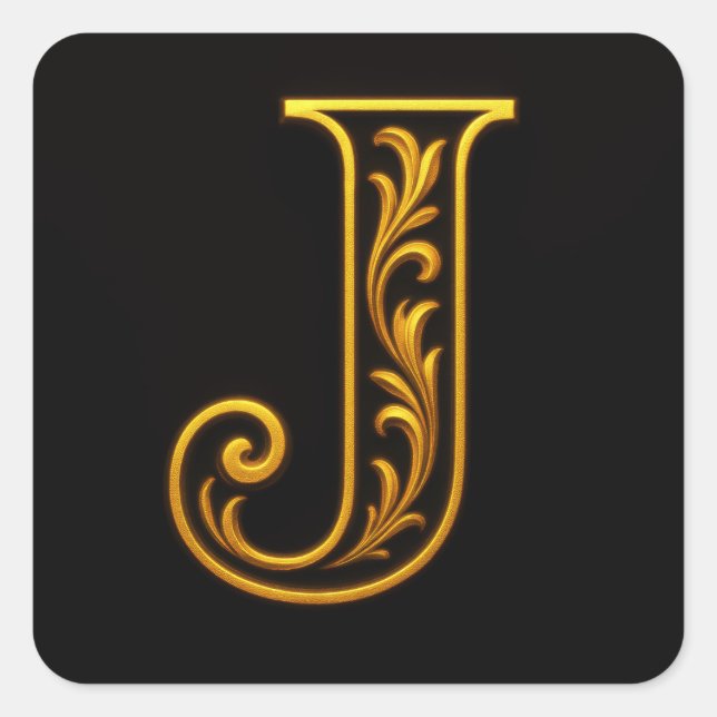 ALL INITIALS Black and Gold Floral Flourished Square Sticker (Front)