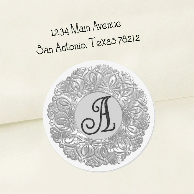 ALL INITIALS Black Monogram 3 Filigree Gray Classic Round Sticker (Creator Uploaded)