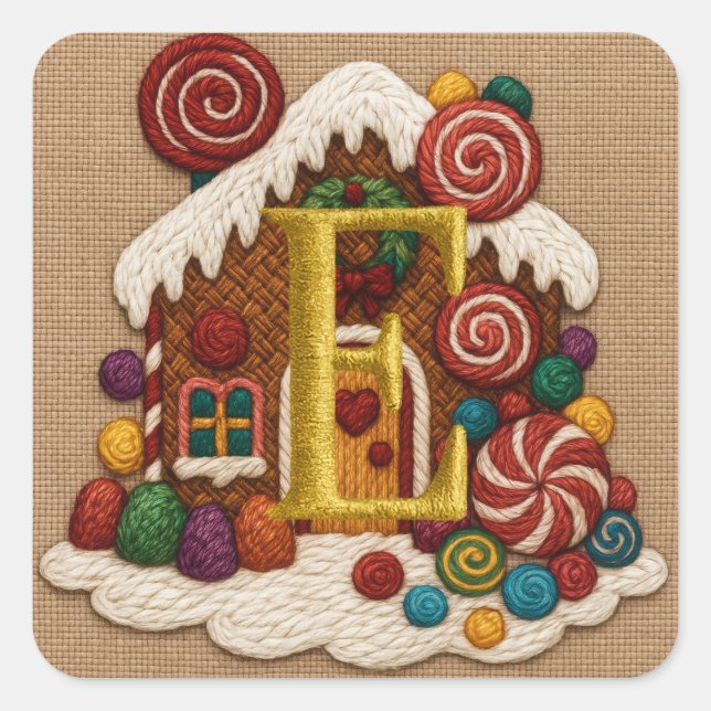 ALL INITIALS Embroidery Look Gingerbread Christmas Square Sticker (Front)