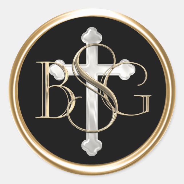 ALL INITIALS Gold 3 Monogram Pearly Cross Classic Round Sticker (Front)