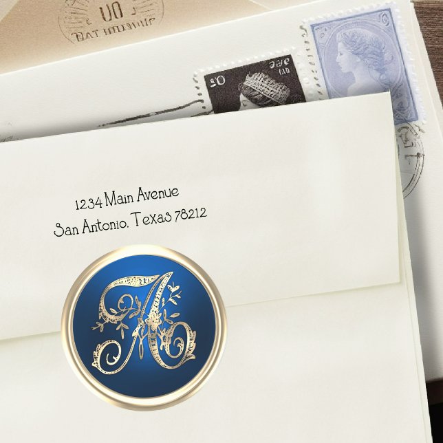 All Initials Gold Monogram Blue Classic Round Sticker (Creator Uploaded)