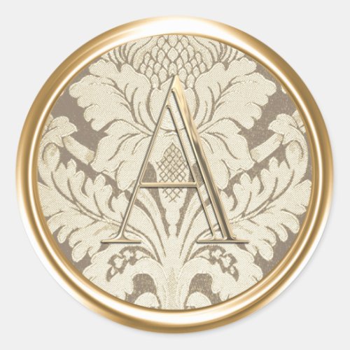 ALL INITIALS Gold Monogram Champagne Damask Classic Round Sticker