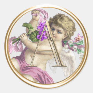 ALL INITIALS Gold Monogram Cherub Dusty Rose Pink Classic Round Sticker