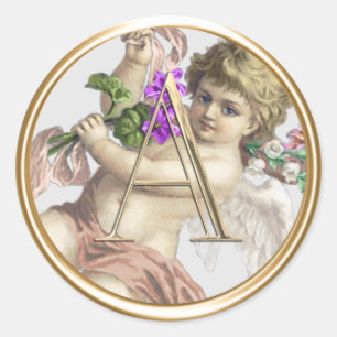 ALL INITIALS Gold Monogram Cherub Rose Peach Classic Round Sticker
