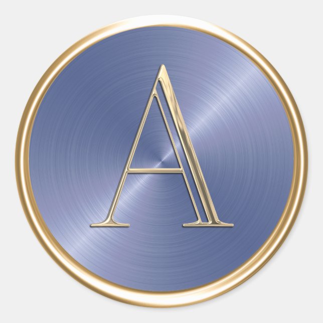 ALL INITIALS Gold Monogram on Dusty Blue Sheen Classic Round Sticker (Front)