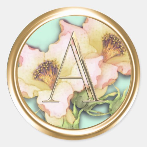 ALL INITIALS Gold Monogram Pink Lillies Classic Round Sticker