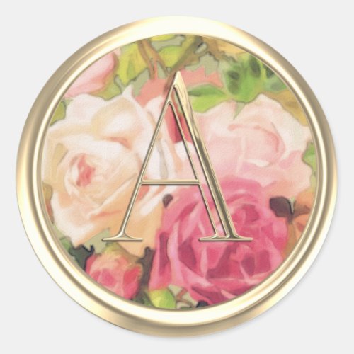 ALL INITIALS Gold Monogram Pink Roses Classic Round Sticker