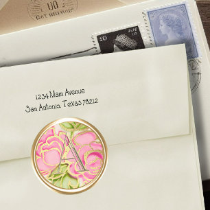 ALL INITIALS Gold Monogram Pink Roses Classic Round Sticker