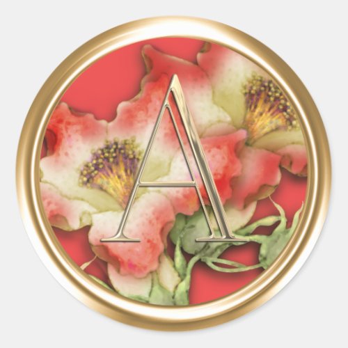 ALL INITIALS Gold Monogram Red and White Lillies  Classic Round Sticker