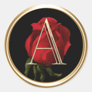 ALL INITIALS Gold Monogram Red Rose Black Classic Round Sticker