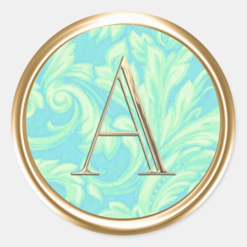 ALL INITIALS Gold Monogram Turquoise Aqua Damas Classic Round Sticker
