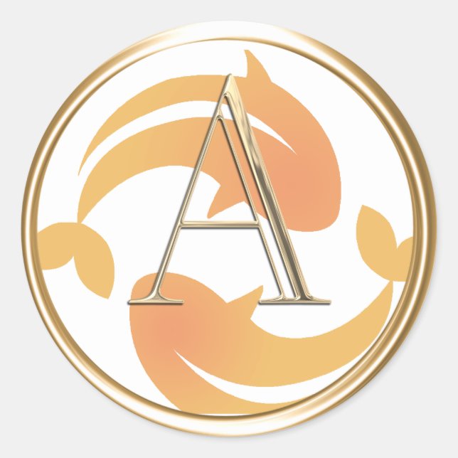 ALL INITIALS Gold Monogram Two Orange Coy Fish Classic Round Sticker (Front)