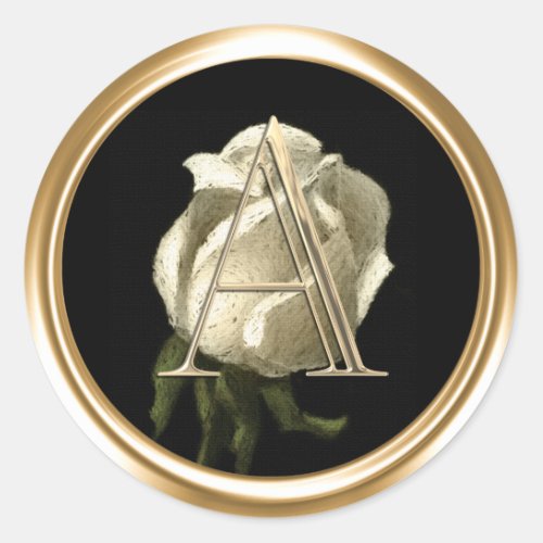 ALL INITIALS Gold Monogram White Rose on Black Classic Round Sticker