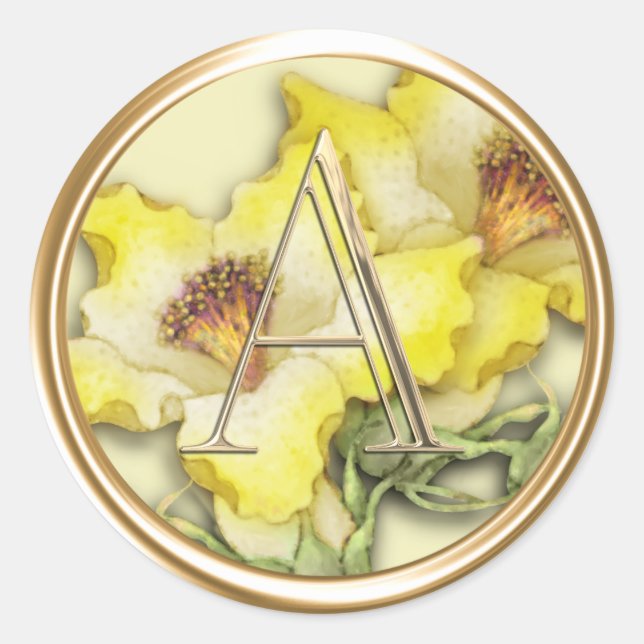 ALL INITIALS Gold Monogram Yellow Lillies Classic Round Sticker (Front)
