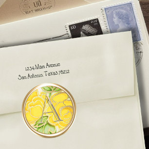 ALL INITIALS Gold Monogram Yellow Roses Classic Round Sticker