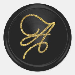 ALL INITIALS Gold Script Monogram Black Classic Round Sticker