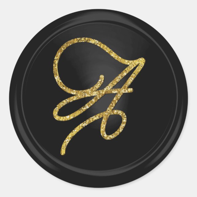 ALL INITIALS Gold Script Monogram Black Classic Round Sticker (Front)