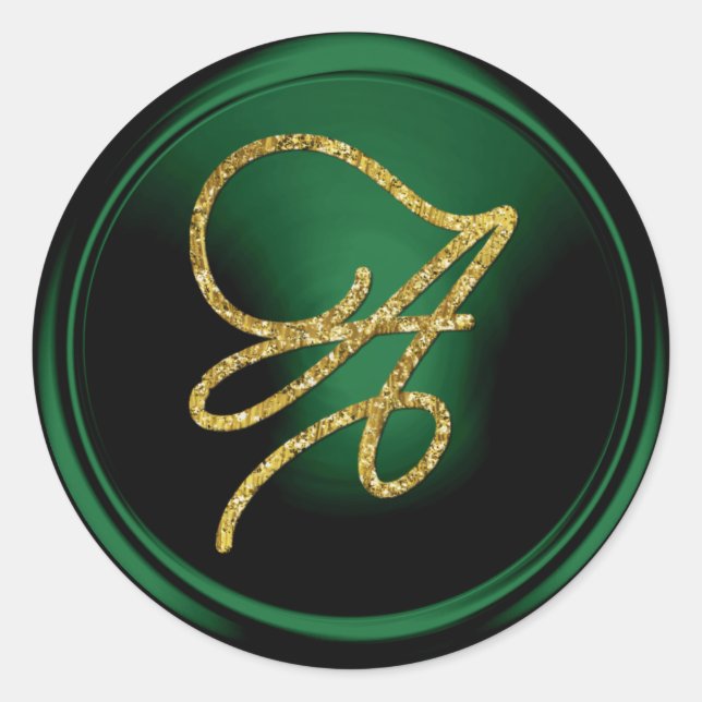 ALL INITIALS Gold Script Monogram Emerald Green Classic Round Sticker (Front)