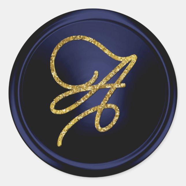 ALL INITIALS Gold Script Monogram Navy Blue Classic Round Sticker (Front)