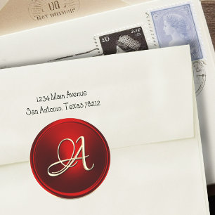 ALL INITIALS Gold Script on Red Classic Round Sticker