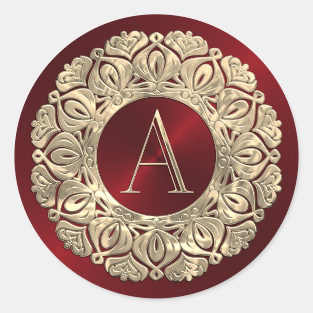 ALL INITIALS Monogram Initial on Red Ornate Frame Classic Round Sticker (Front)