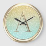 ALL INITIALS Monogram Ombre Glitter Aqua Large Clock