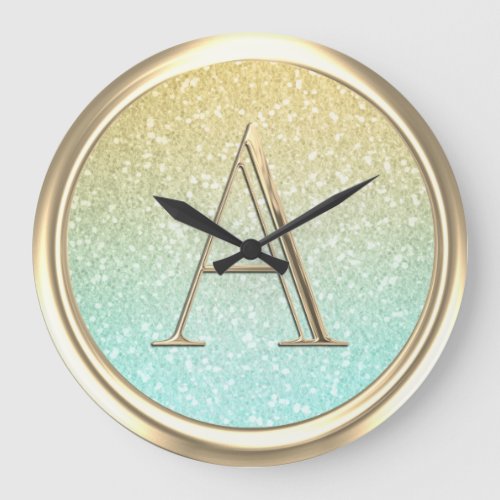 ALL INITIALS Monogram Ombre Glitter Aqua Large Clock