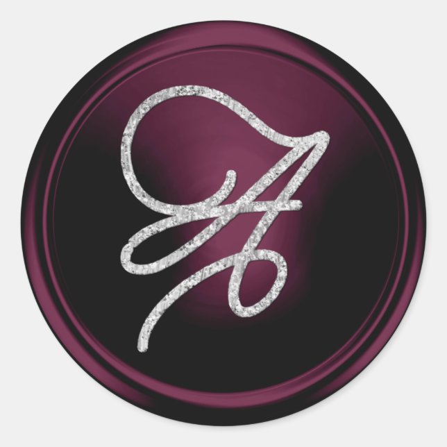 ALL INITIALS Silver Script Monogram Dark Plum Classic Round Sticker (Front)