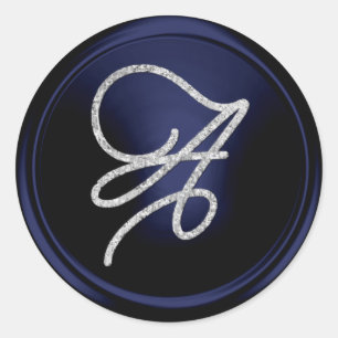 ALL INITIALS Silver Script Monogram Navy Blue Classic Round Sticker