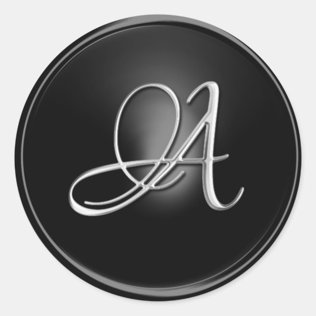 ALL INITIALS Silver Script on Black Classic Round Sticker (Front)