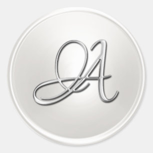 ALL INITIALS Silver Script on White Classic Round Sticker