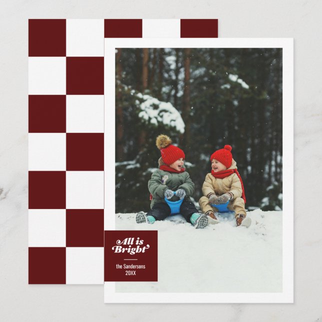 All Is Bright Bold Burgundy Checkerboard Festive Holiday Card (Front/Back)