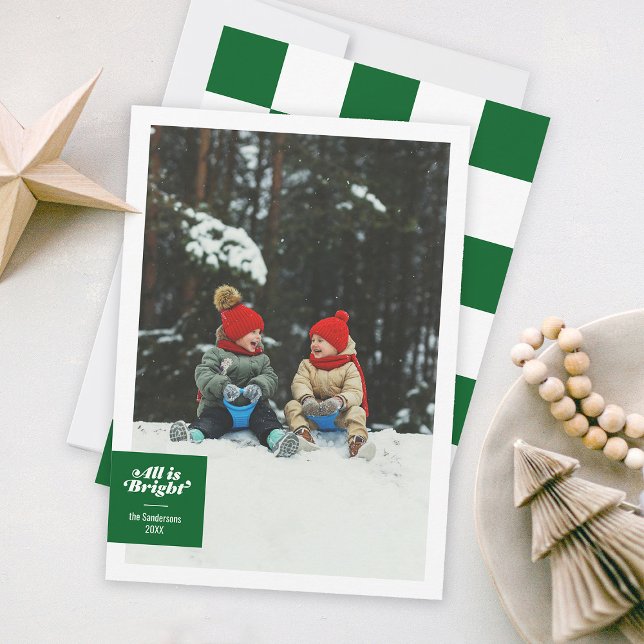 All Is Bright Bold Green Checkerboard Festive Holiday Card (Holiday photo family card green checkerboard bold funky type )