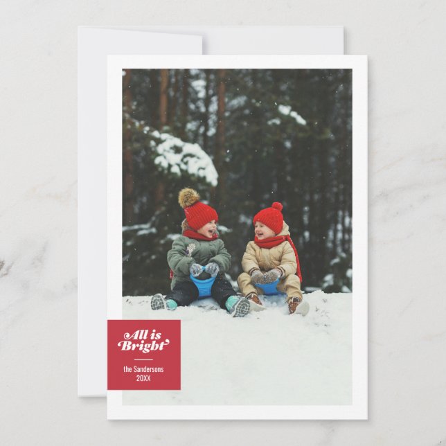 All Is Bright Bold Red Checkerboard Festive Holiday Card (Front)