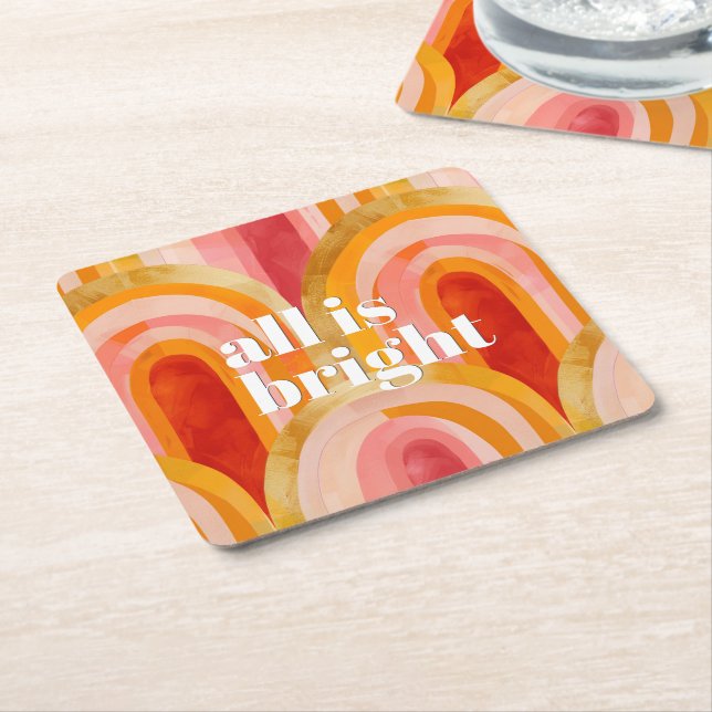 All is Bright Colorful Festive Holiday Square Paper Coaster (Angled)