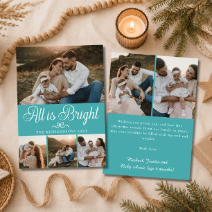 All Is Bright Ocean Blue Multi Photo Christmas Holiday Card