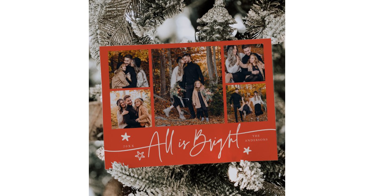 All Is Bright Retro Red Multi Photo Holiday Card | Zazzle
