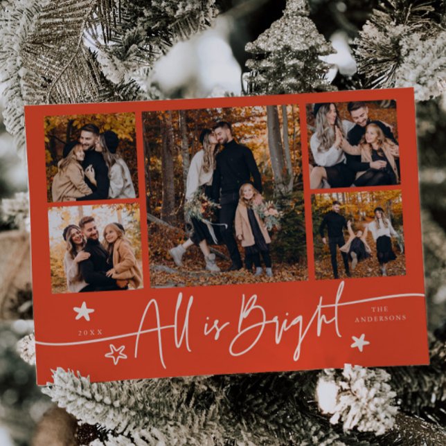 All Is Bright Retro Red Multi Photo Holiday Card (Creator Uploaded)