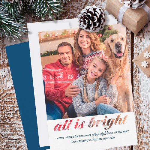 All is Bright Typography Montage Square Photo Holiday Card