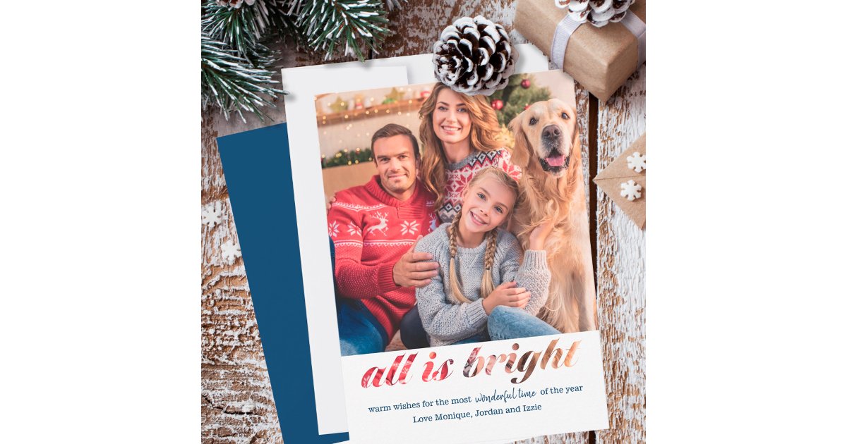 All is Bright Typography Montage Square Photo Holiday Card | Zazzle