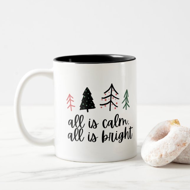 All Is Calm All is Bright Chrismas Tree Gift Two-Tone Coffee Mug (With Donut)