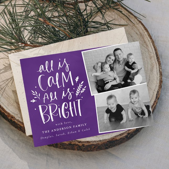 All is Calm All is Bright Purple 2 Photo Holiday Card (Creator Uploaded)
