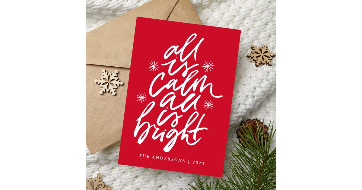 All Is Calm All Is Bright Red Non-Photo Holiday Card | Zazzle