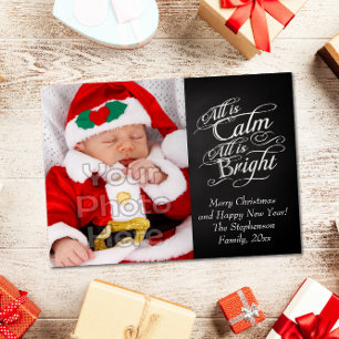 All is Calm and Bright Chalkboard Christmas Photo Holiday Card