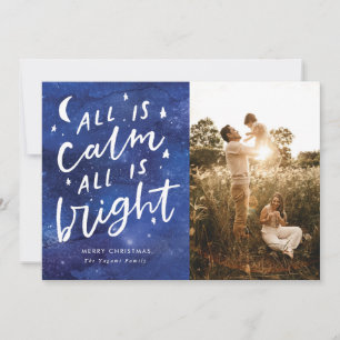 All is Calm Blue Starry Night Christmas Photo Holiday Card