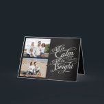 All is Calm, Bright Chalkboard Christmas 2 Photo Holiday Card<br><div class="desc">Add two photos to this elegant folded printed greeting card. All is Calm, All is Bright. Dark charcoal gray chalkboard black board background with chalk-look fancy script writing with words from the famous Christmas carol, Silent Night. A sentimental and touching pretty item to remind of the beauty and slendor of...</div>