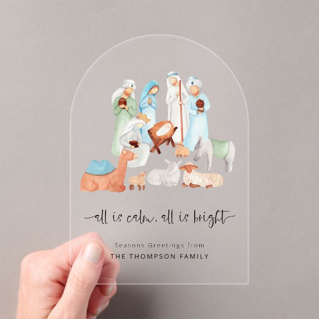 All is Calm Nativity Scene Christmas Acrylic Card Invitations (Insitu (Handheld))